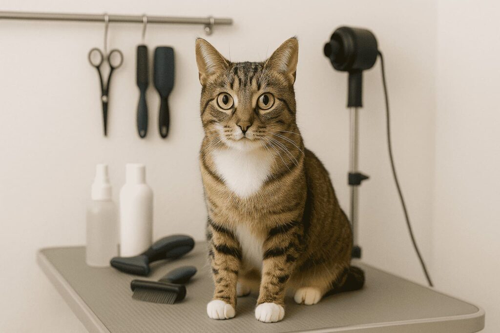Gato doméstico de pelo corto con texto en morado que dice: “¿Es bueno rapar a un gato? Recomendaciones desde nuestra peluquería felina en Sevilla”.